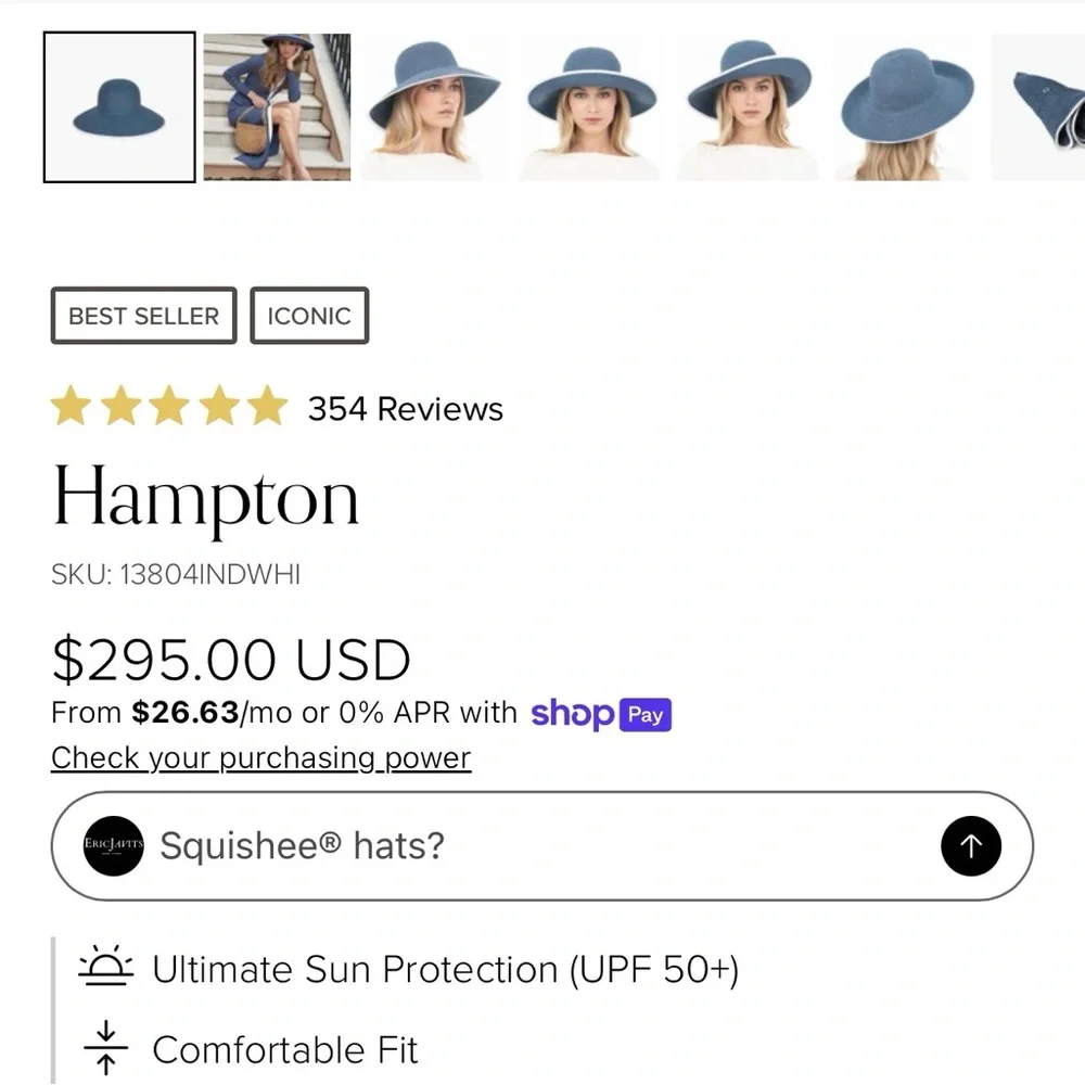 Eric Javits NWOT Best Selling Iconic Hampton Sun Hat in Indigo/White UPF 50+ - Picture 10 of 10